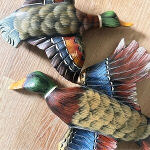 Vintage Hand Carved Wood Flying Mallard Ducks Wall Plaques Set 2